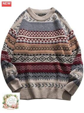 Mens Vintage Cable Knit Striped Aztec Pullover Sweater Acrylic Crew Neck